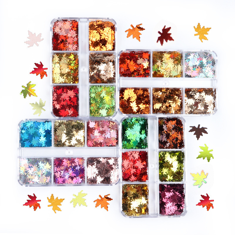 6 Grids Nail Sparkly Flakes Fall Maple Leaves Glitter Sequins for Nail Art Decorations Decals For Nail Art Beauty Salon