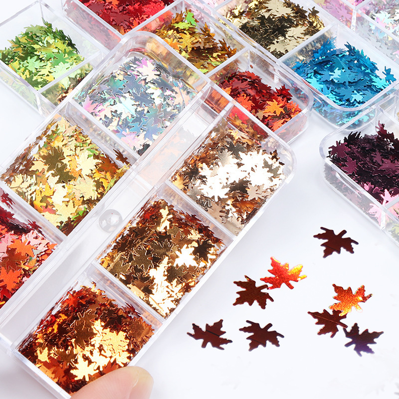 6 Grids Nail Sparkly Flakes Fall Maple Leaves Glitter Sequins for Nail Art Decorations Decals For Nail Art Beauty Salon