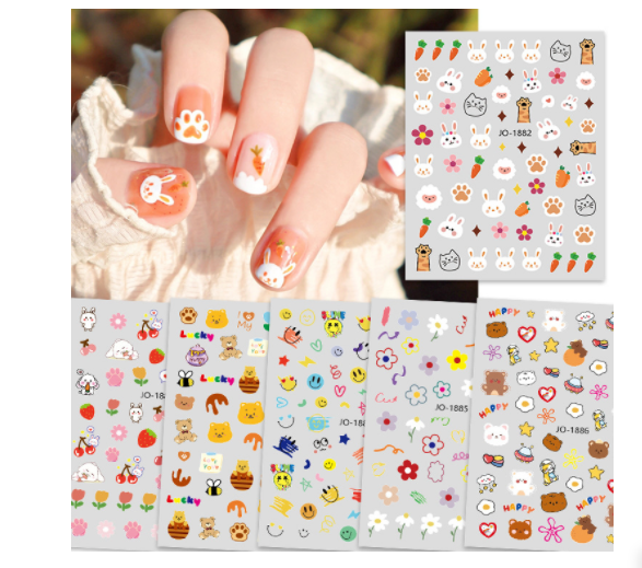 New cute bear  bunny carrot colorful flowers pink tulips sweet summer breeze nail sticker