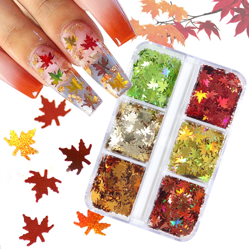 6 Grids Nail Sparkly Flakes Fall Maple Leaves Glitter Sequins for Nail Art Decorations Decals For Nail Art Beauty Salon