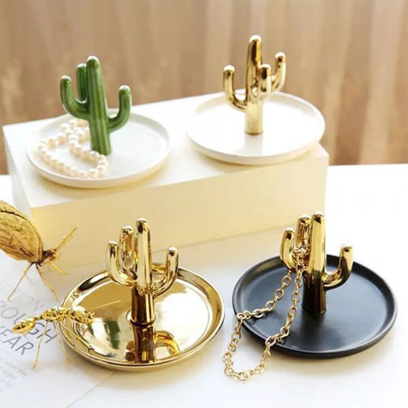 Nordic creative ornaments golden jewelry plate ring necklace cactus ceramic storage plate jewelry tray