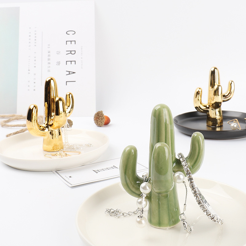 Nordic creative ornaments golden jewelry plate ring necklace cactus ceramic storage plate jewelry tray