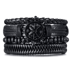 TZ419 Unisex 4Pcs Vintage Punk Wrap Cowhide Leather Cuff Tribal Bracelet Black Adjustable for Men and Women for Gifts