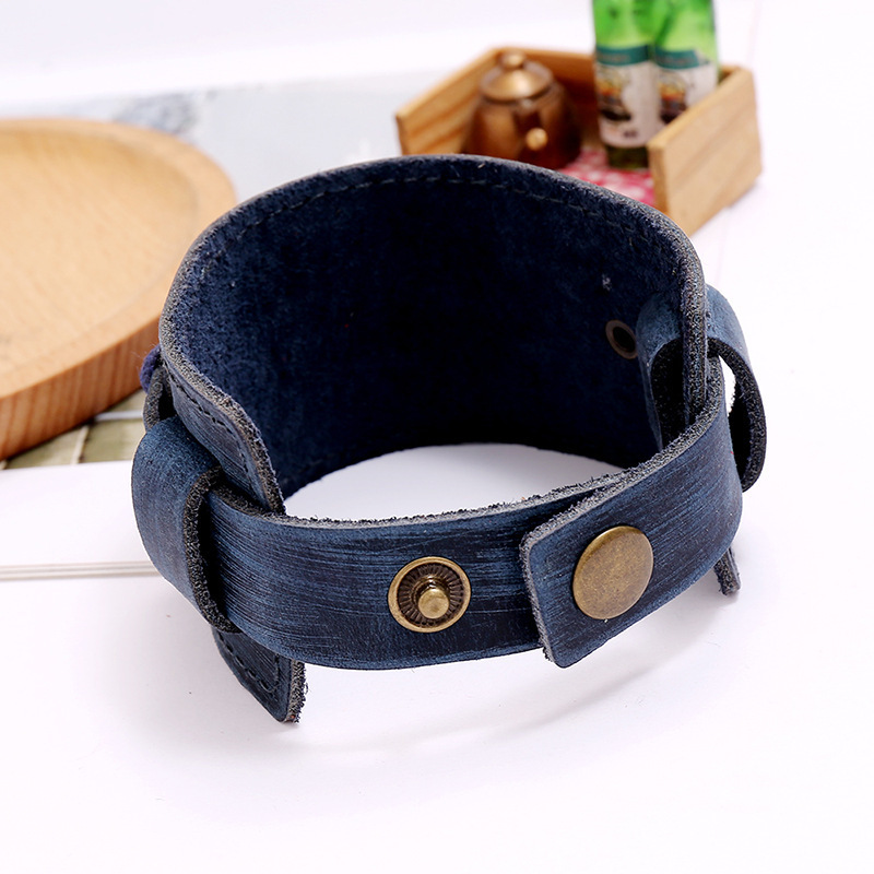 P01406 Custom Black and Brown Double Layer Punk Men's Leather Bracelet Wide Cowhide Wrap Cuff Bangle for Gift or Party