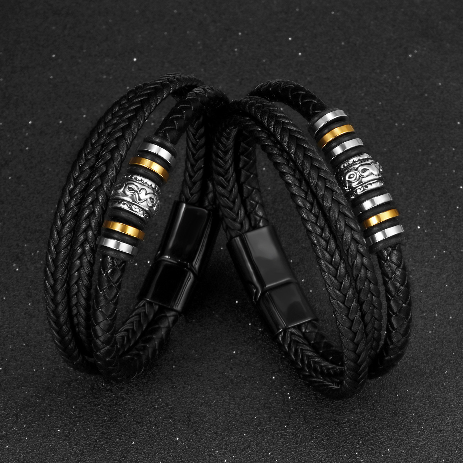 MCA041 Three Row Braided Leather Cuff Bracelet for Men and Women Magnetic Clasp Wristband Gift for Boys and Girls