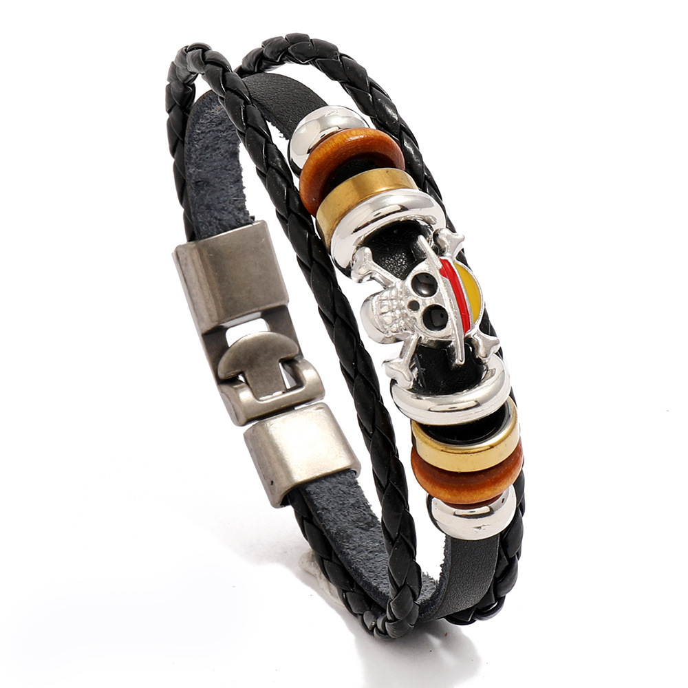 MLB005 Anime One Piece Leather Bracelets Punk Pirate Skull Bracelets for Boys Black Braided Handmade Fashion Jewelry Wristband