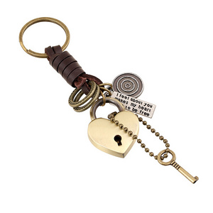 K77 Punk Rock Leather Vintage Heart Shaped Lock And Key Keychains for Lover Creative Gift