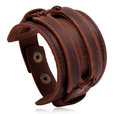 P01406 Custom Black and Brown Double Layer Punk Men's Leather Bracelet Wide Cowhide Wrap Cuff Bangle for Gift or Party