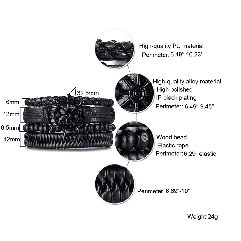 TZ419 Unisex 4Pcs Vintage Punk Wrap Cowhide Leather Cuff Tribal Bracelet Black Adjustable for Men and Women for Gifts