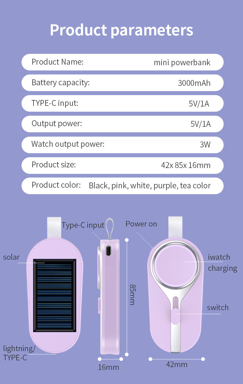 Solar Keychain Powerbank For Phone 3000 mAh Emergency Charger For iWatch Small Portable Mini Solar Power Bank Power Station