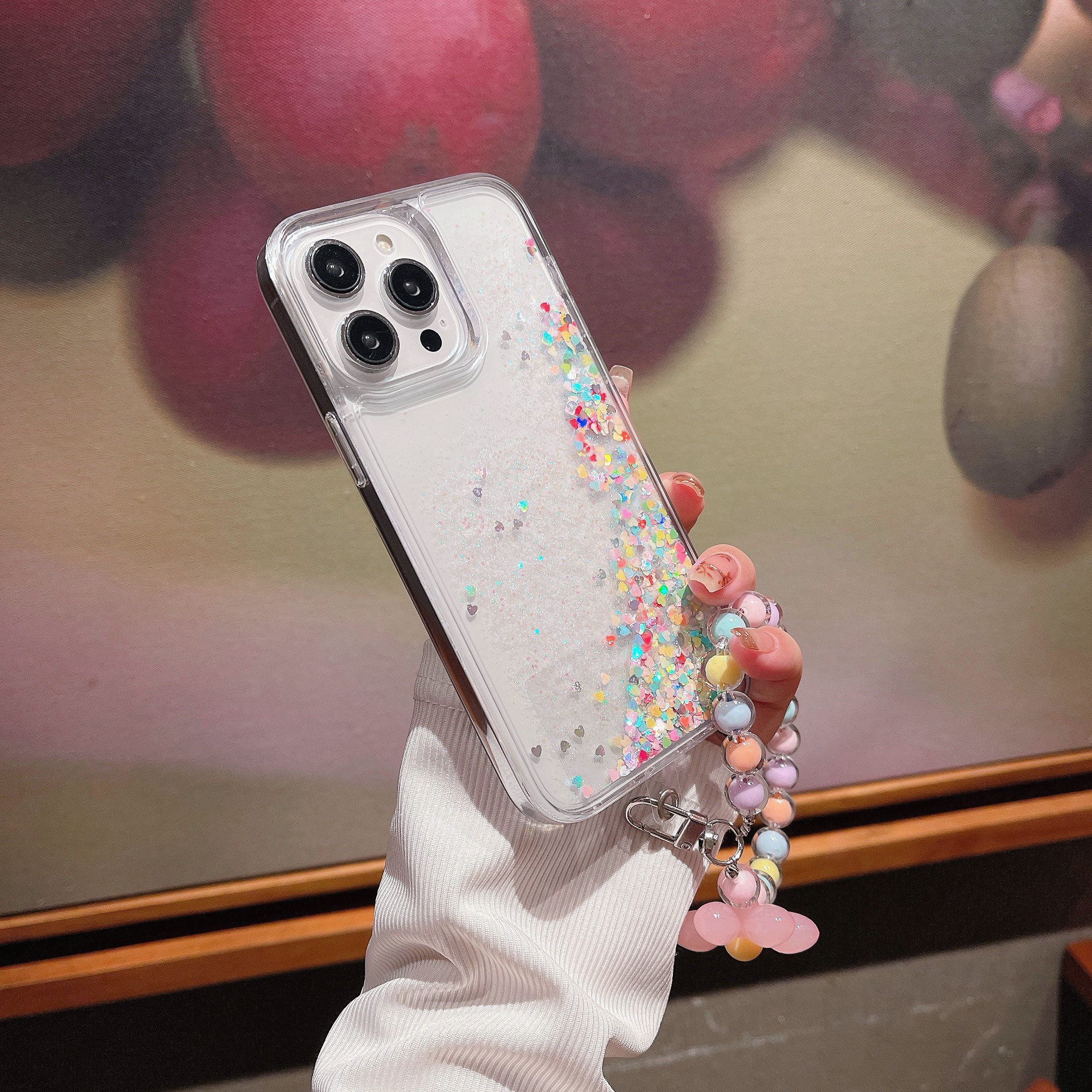 Luxury Water Liquid Glitter Bling Transparent Clear Phone Case For iPhone 15 Pro Max Cases With Flower Bead Strap Funda Cover