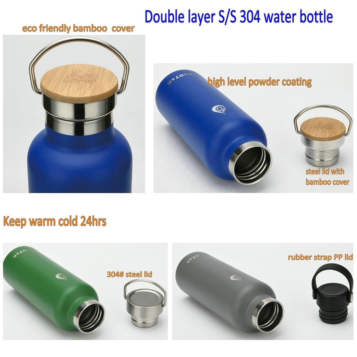 custom logo double wall  powder coated insulated vacuum flask thermos stainless steel water bottle