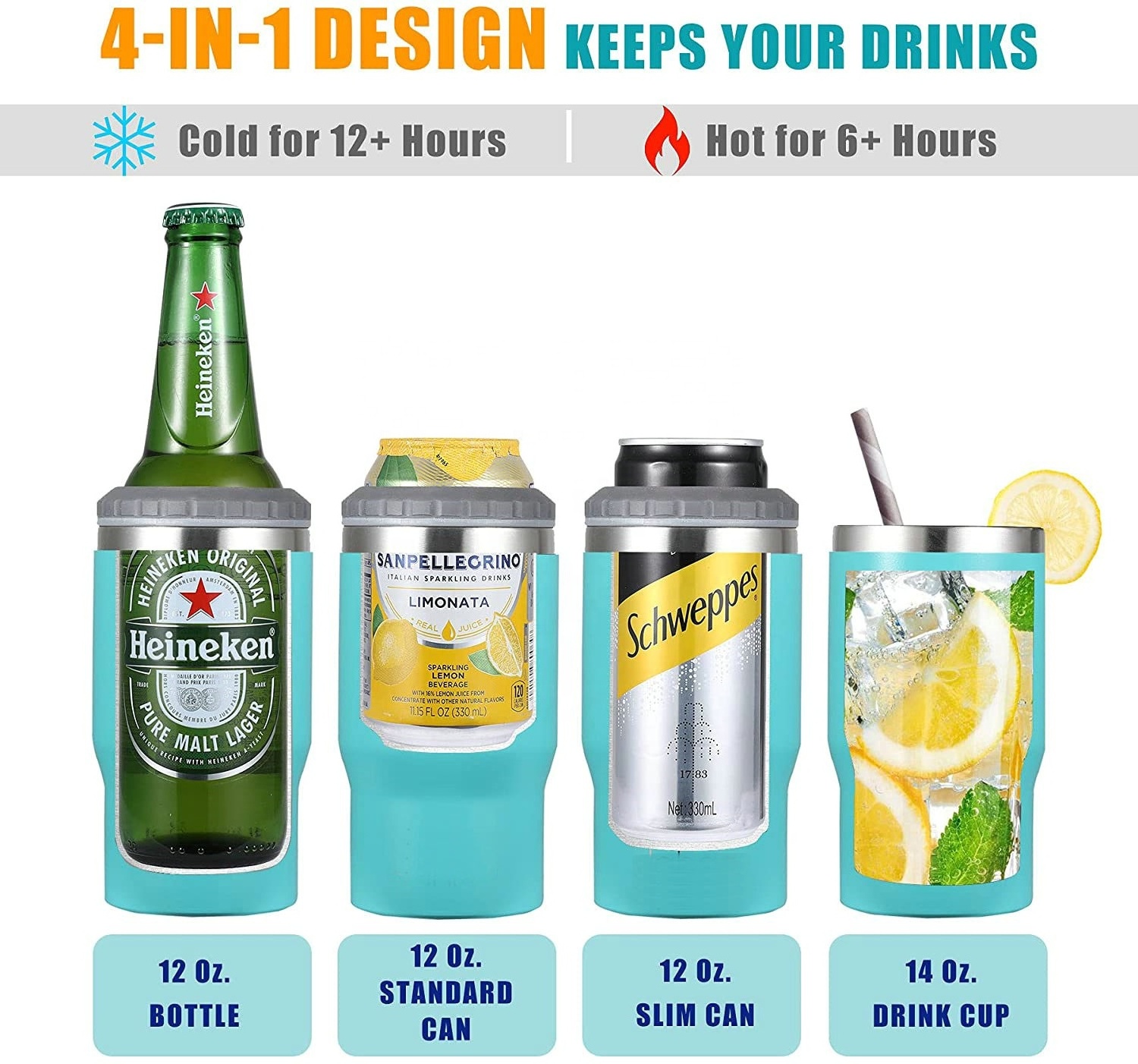 14oz 4 in 1 stainless steel can cooler  insulated with 2 lids For 12oz Slim Cans, Regular Cans, Beer Bottles and Mixed Drinks