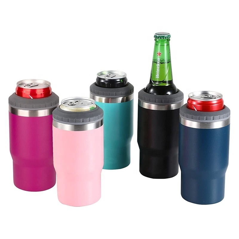 14oz 4 in 1 stainless steel can cooler  insulated with 2 lids For 12oz Slim Cans, Regular Cans, Beer Bottles and Mixed Drinks