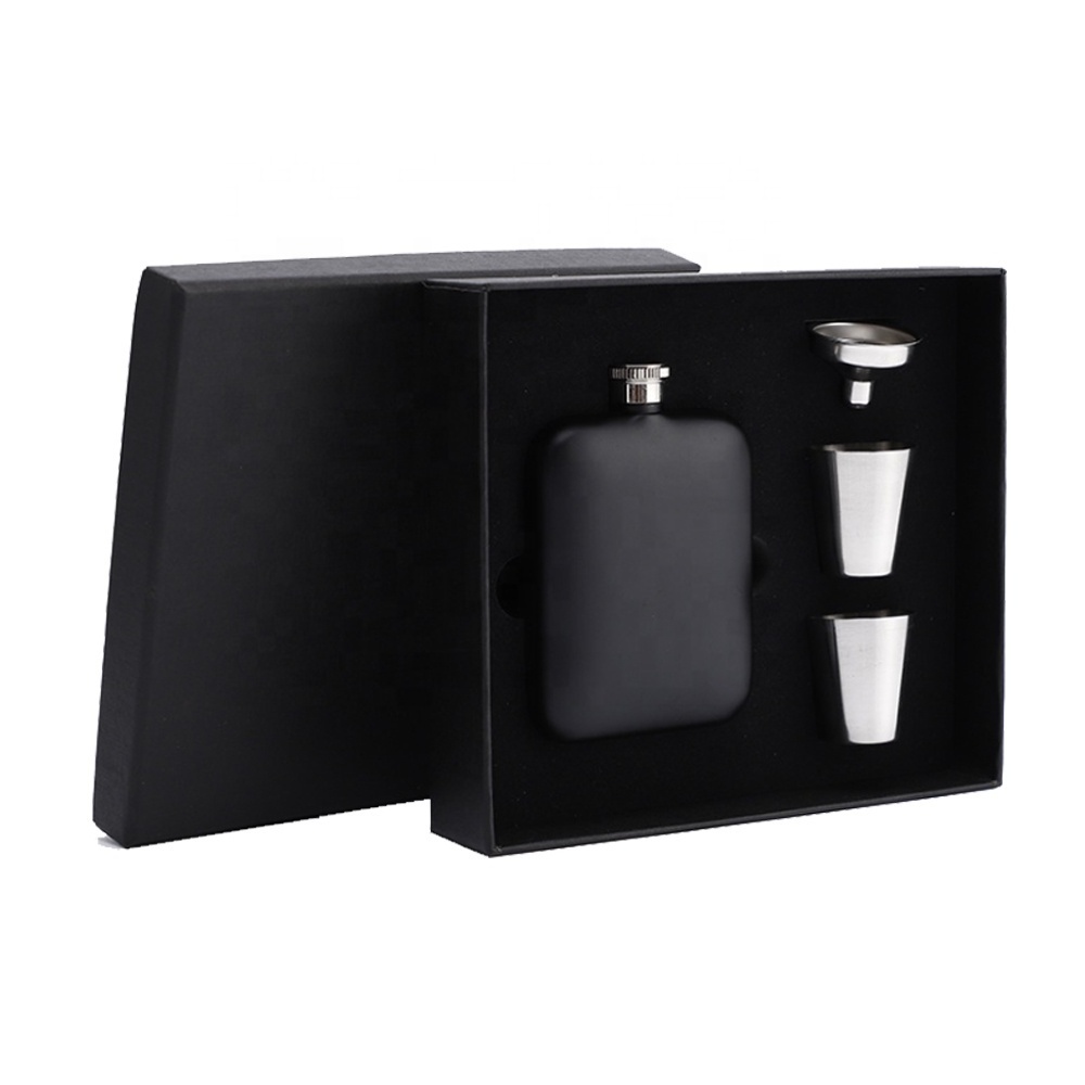 Men matte black hidden pocket whiskey liquor stainless steel alcohol hip flask with funnel gift sets 6oz Hiking Camping Gifts