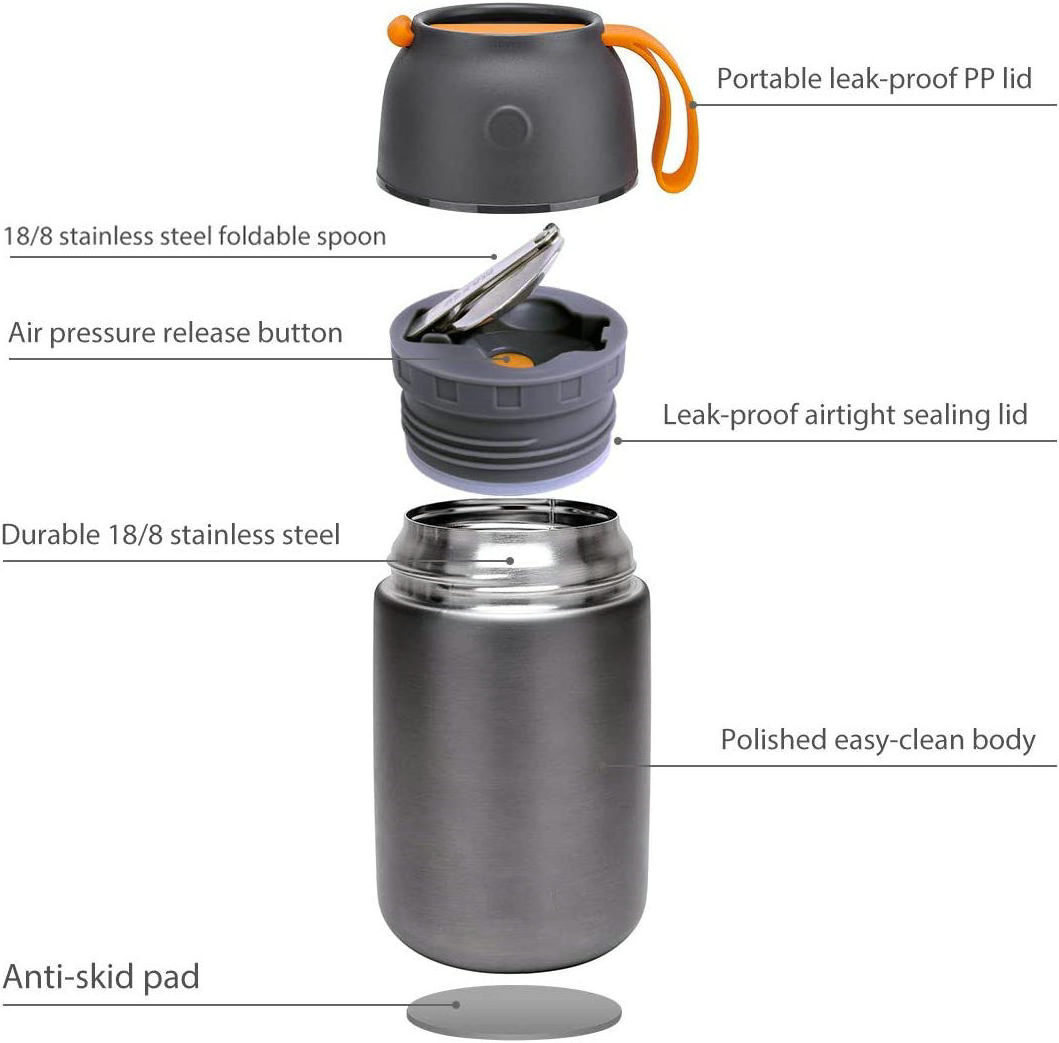 stainless steel vacuum thermos food jar with folding spoon keep warm cold