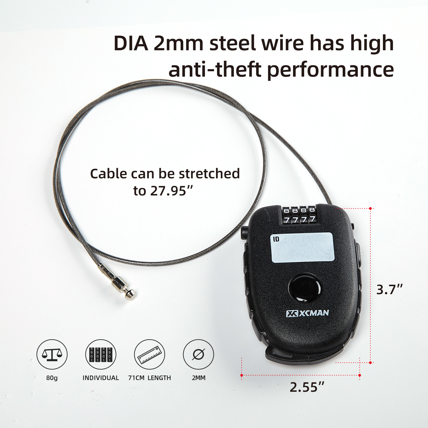 Secure 4-Digit Combination Lock with 30 inch Retractable Cable for Ski, Snowboard, Stroller, Bike and Suitcases