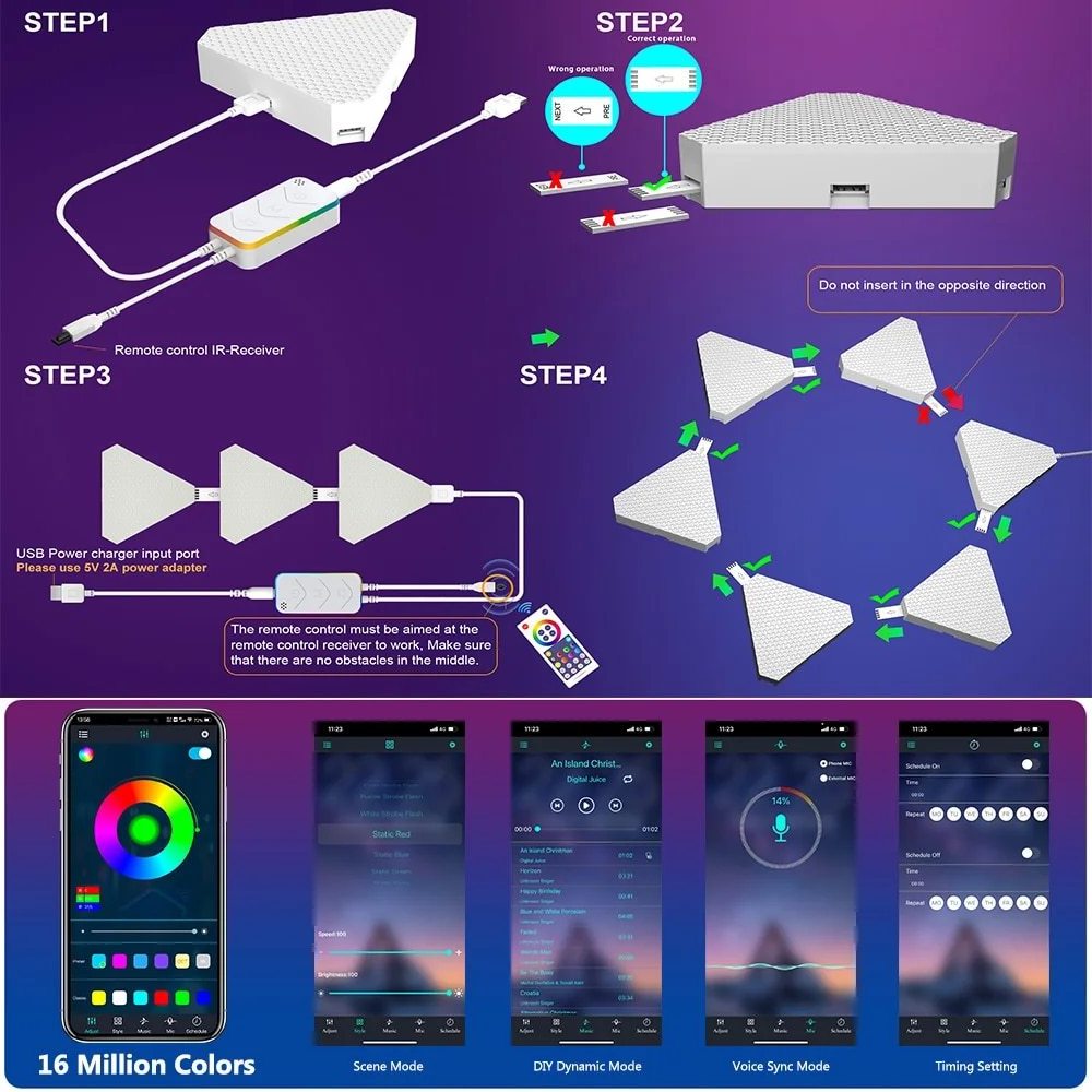 Creative Home Smart Light App Controlled Triangle Lamps Modular LED Triangle Lights Triangle LED Panel for Bedroom Wall Light