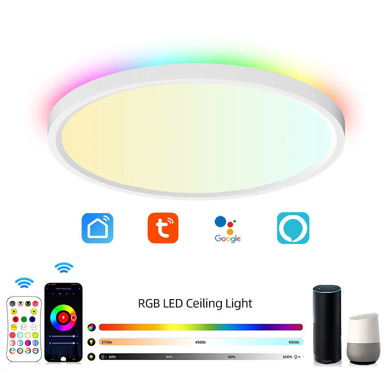 Smart led ceiling ultra thin Alexa Tuya wife Speaker Flush Mount CCT Dimmable RGB back light Room Ambient 24w smart home lights