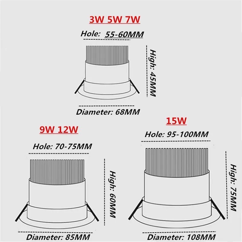 Led Down Light COB Spot Light 9w 12w 15w no DimmableAC85-265V Ceiling Recessed Indoor Lighting smart downlight