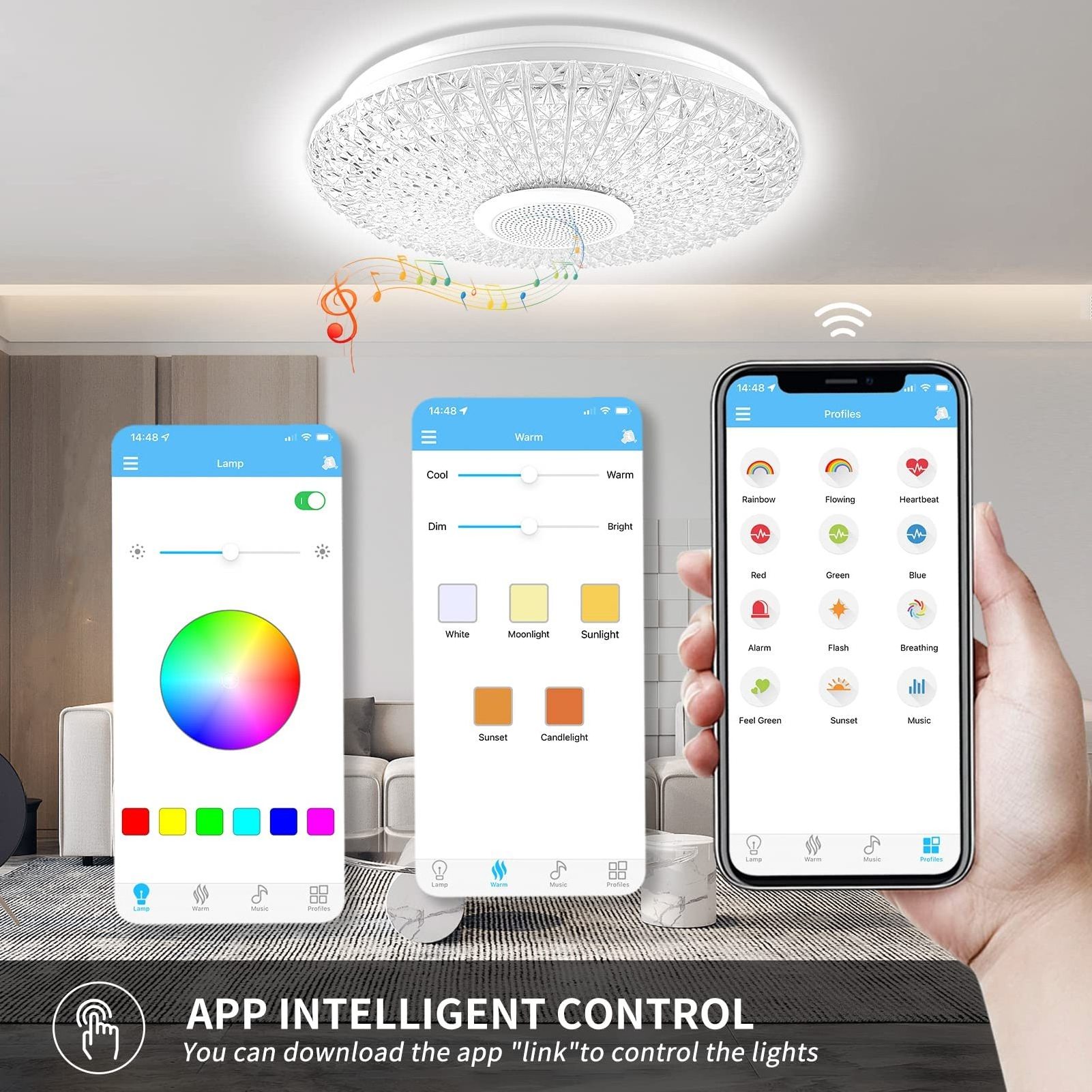 Smart Ceiling Light Fixture 36W APP Remote Control Color Changing Ceiling Lamp with Bluetooth Speaker Flush Mount Lighting LED