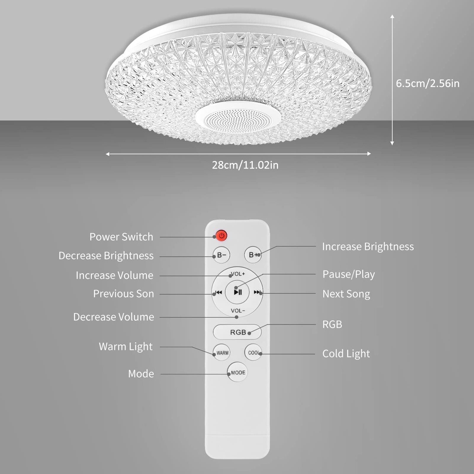 Smart Ceiling Light Fixture 36W APP Remote Control Color Changing Ceiling Lamp with Bluetooth Speaker Flush Mount Lighting LED