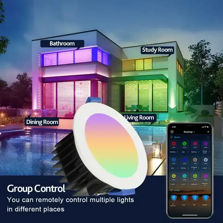 Smart party colorful RGB APP remote control LED downlight home dimmable cct indoor embed recessed smart ceiling down lights