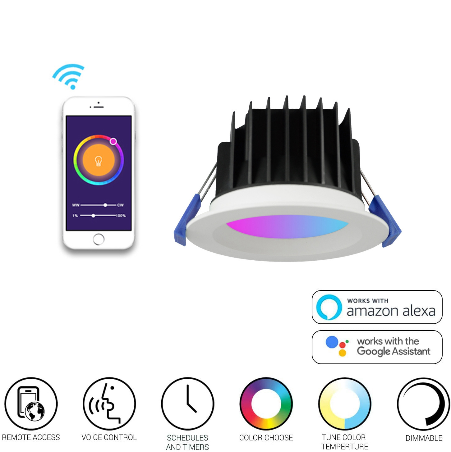 Smart party colorful RGB APP remote control LED downlight home dimmable cct indoor embed recessed smart ceiling down lights