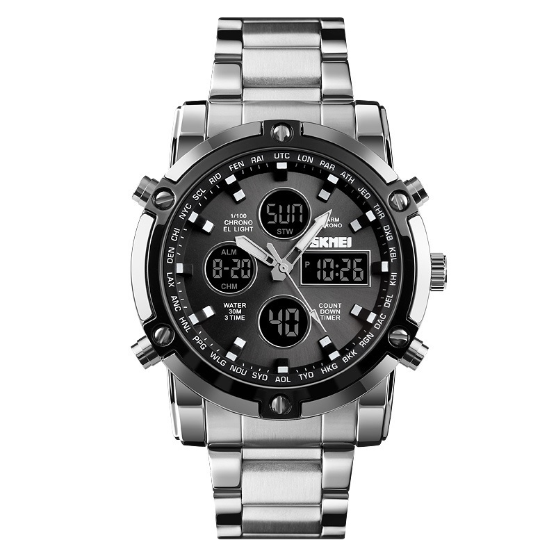 skmei analog sport watch japan movt quartz stainless steel back 3 time zone watch waterproof for men