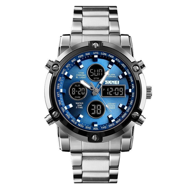 skmei analog sport watch japan movt quartz stainless steel back 3 time zone watch waterproof for men