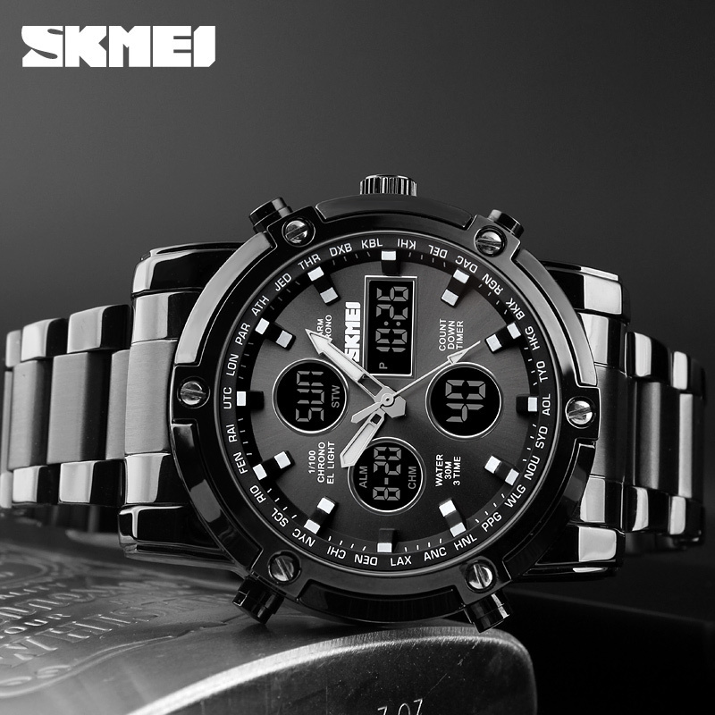 skmei analog sport watch japan movt quartz stainless steel back 3 time zone watch waterproof for men