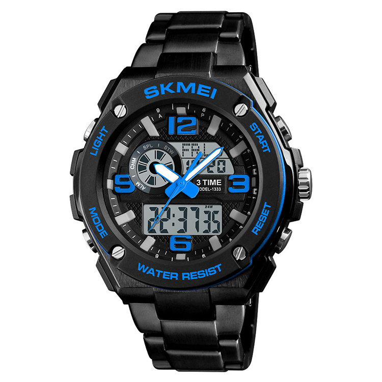 Stock Price Skmei 1333 Stainless steel Mens Watches original Binary Watch Jam Tangan Digital and Quartz