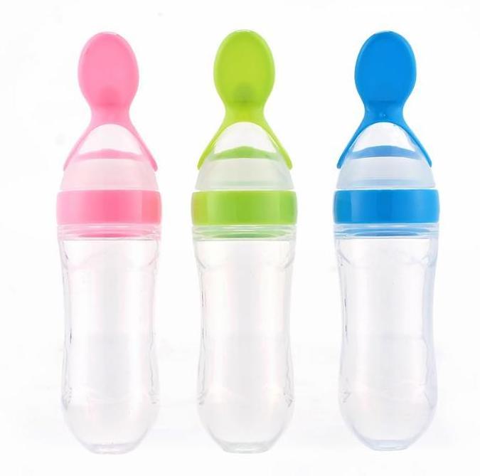 LFGB Standard Liquid Silicone Baby Feeder Toddler Squeeze Feeding Bottle with Dispensing Spoon