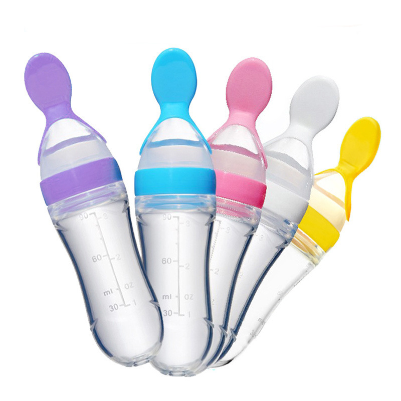 LFGB Standard Liquid Silicone Baby Feeder Toddler Squeeze Feeding Bottle with Dispensing Spoon