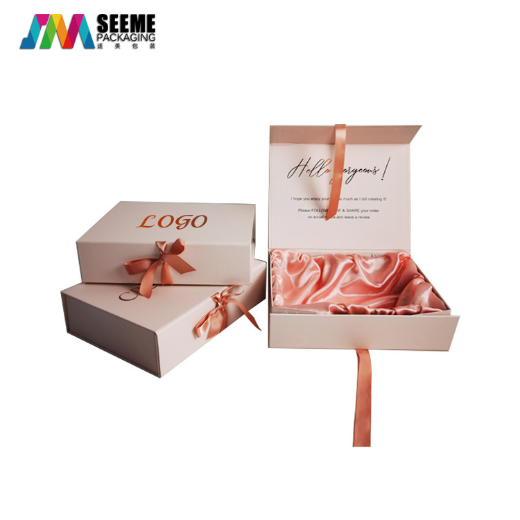 Custom luxury logo design magnetic ribbon gift box for cosmetic wig hair packaging