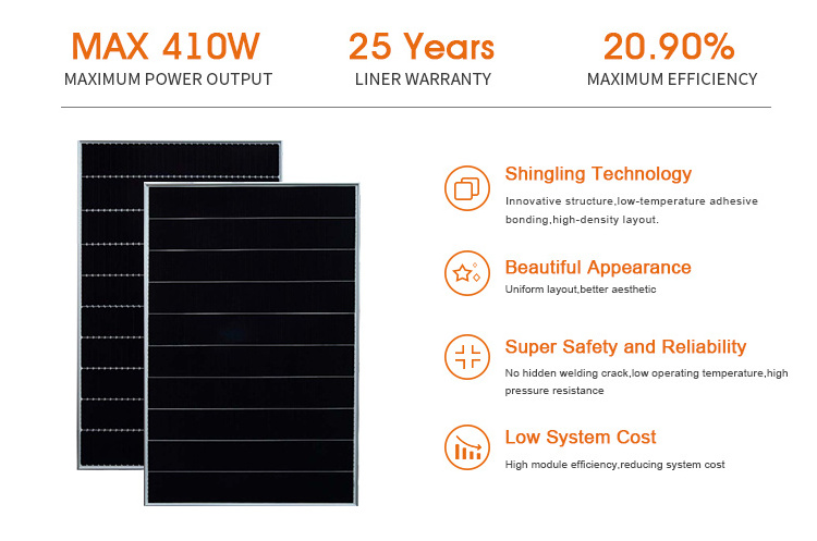 25 year warranty PV solar panels 410 watt black frame shingled solar panel with high efficiency