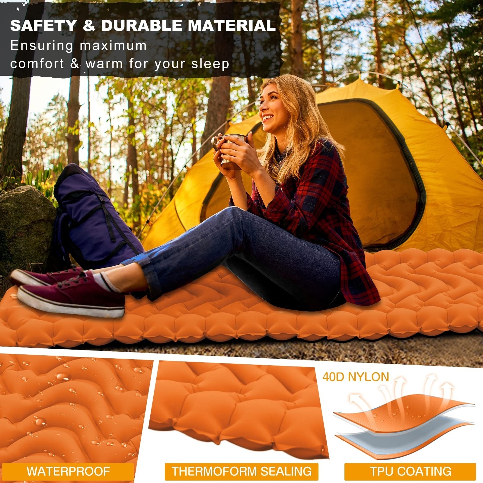 Camping Mattress Sleeping Pad Ripstop Nylon Inflatable Camping Mat Sleeping Pad Lightweight Compact Air Mattress With Pillows