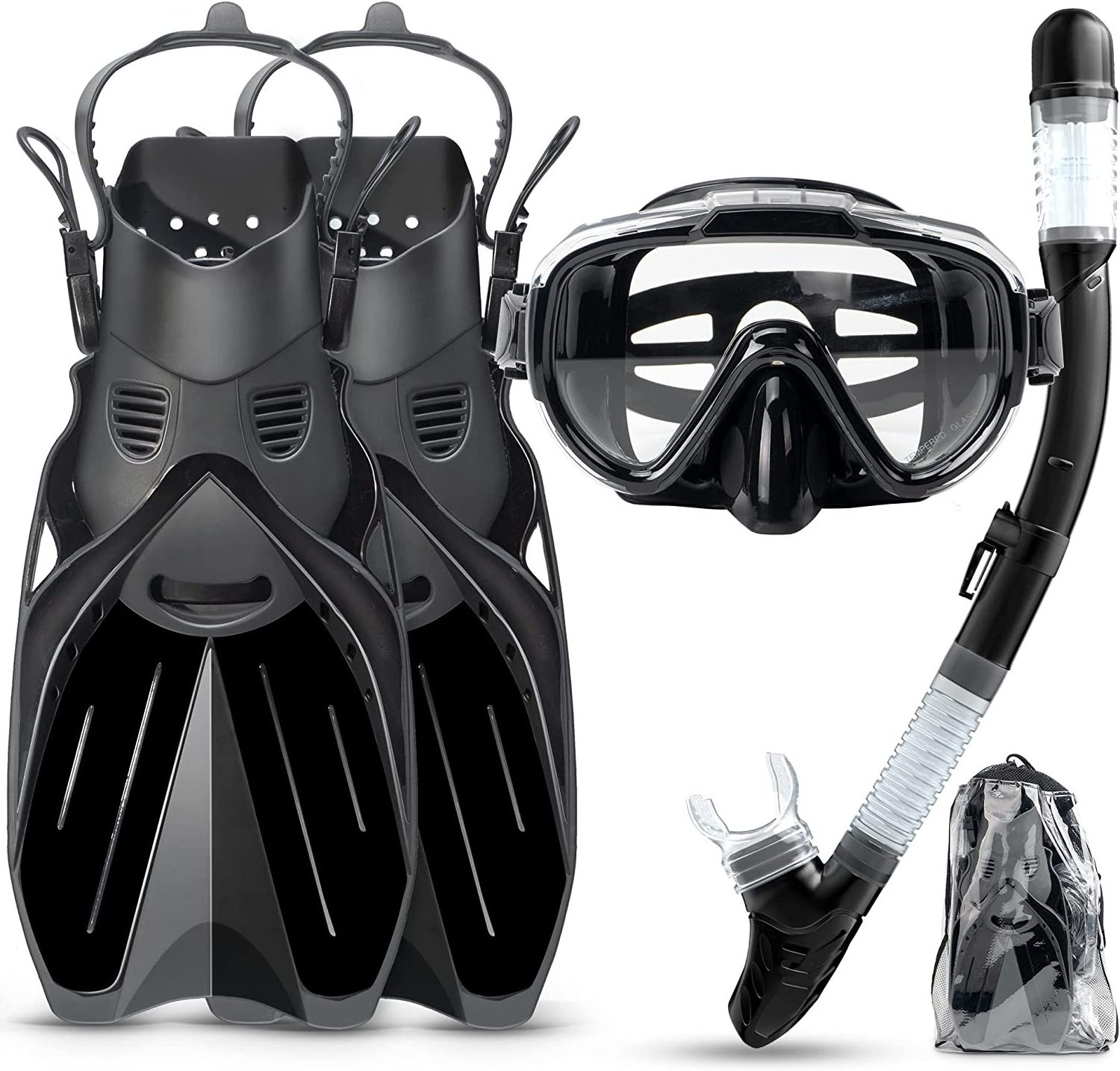 3 Pcs Snorkel Set Professional Diving Goggles Snorkel Diving Set Anti-Fog and Anti-Leak Adult Diving Mask With Freediving fins