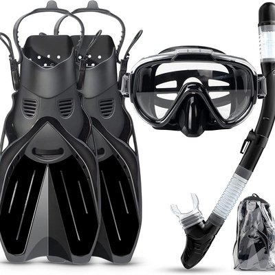 3 Pcs Snorkel Set Professional Diving Goggles Snorkel Diving Set Anti-Fog and Anti-Leak Adult Diving Mask With Freediving fins