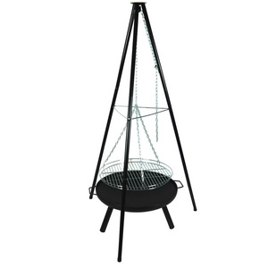 Adjustable height portable Camping Outdoor Vertical Circular barbecue rack tripod Chain hang fire pit bbq Grill with 3 legs