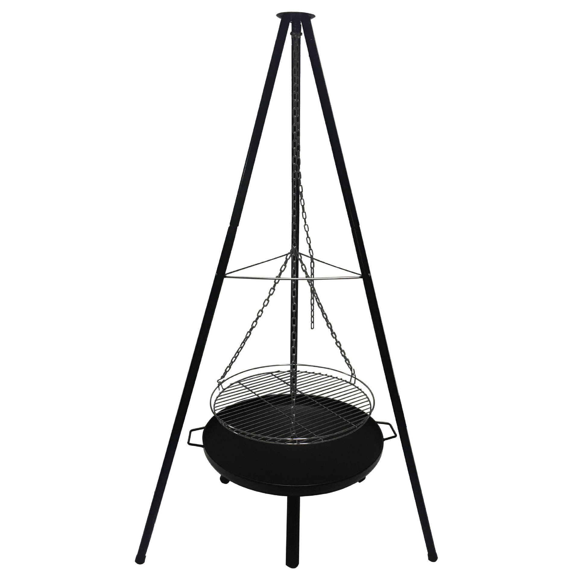 Adjustable height portable Camping Outdoor Vertical Circular barbecue rack tripod Chain hang fire pit bbq Grill with 3 legs