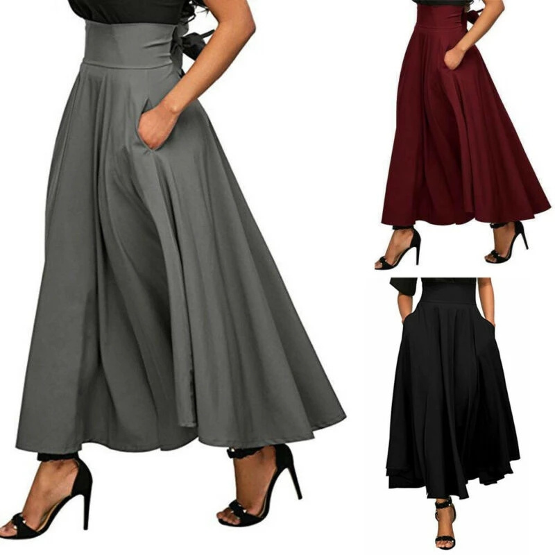 High quality maxi long skirt Women High Waist Elastic Satin Flared Swing Maxi Skirt Pleat Prom Gown