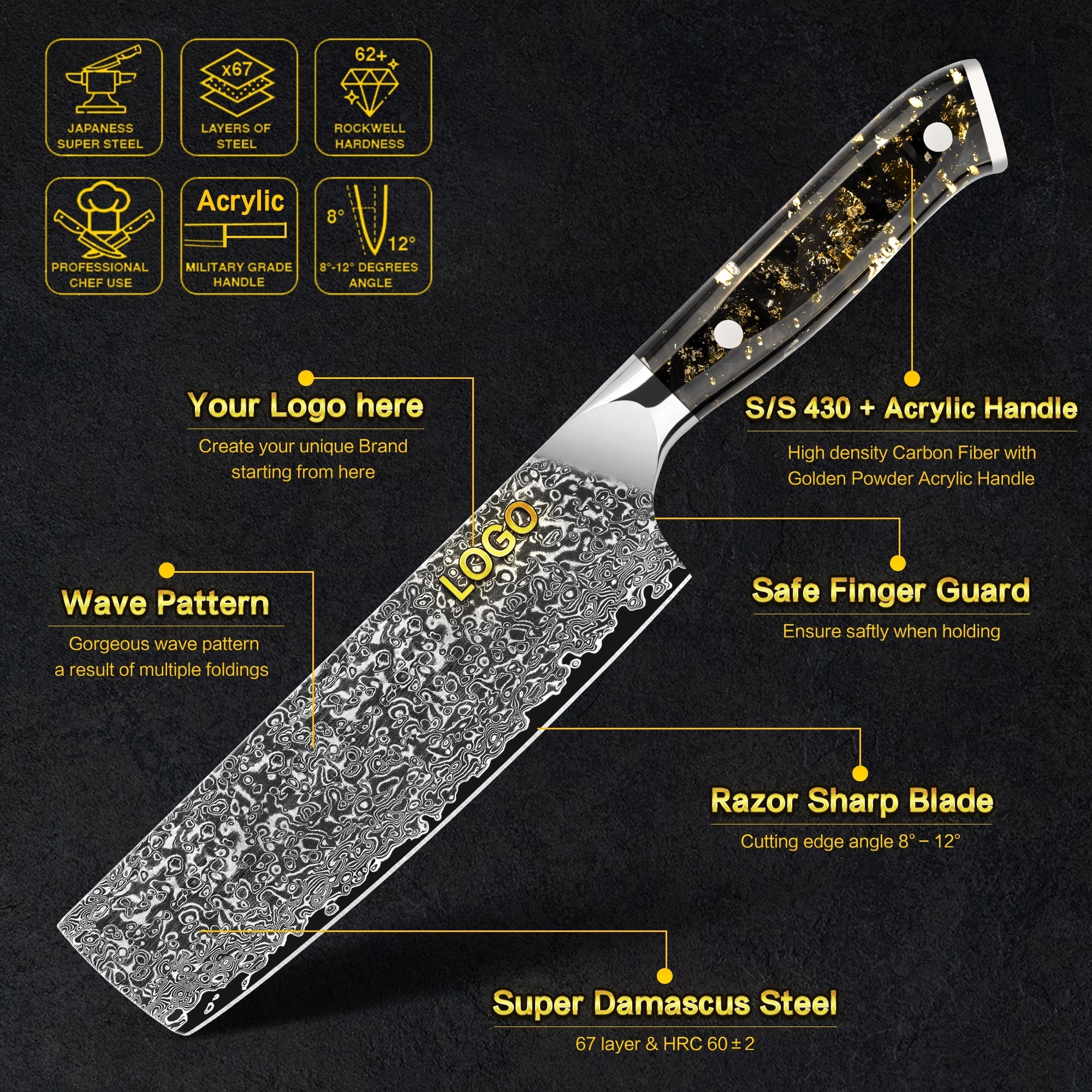 10% off Carbon Fiber Gold Powder Acrylic Handle 7 Inch 67 layers v gold 10 Damascus nakiri knife with free logo