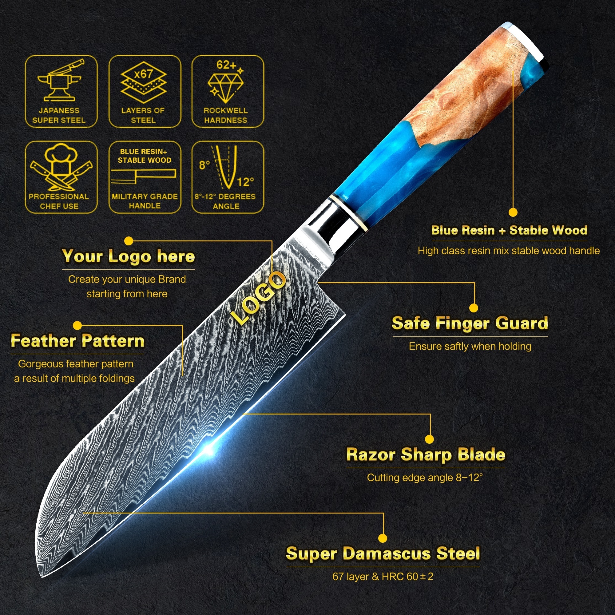 Amazon top selling 67 layer japanese professional chef knives sets vg10 damascus steel kitchen knife set with resin wood handle