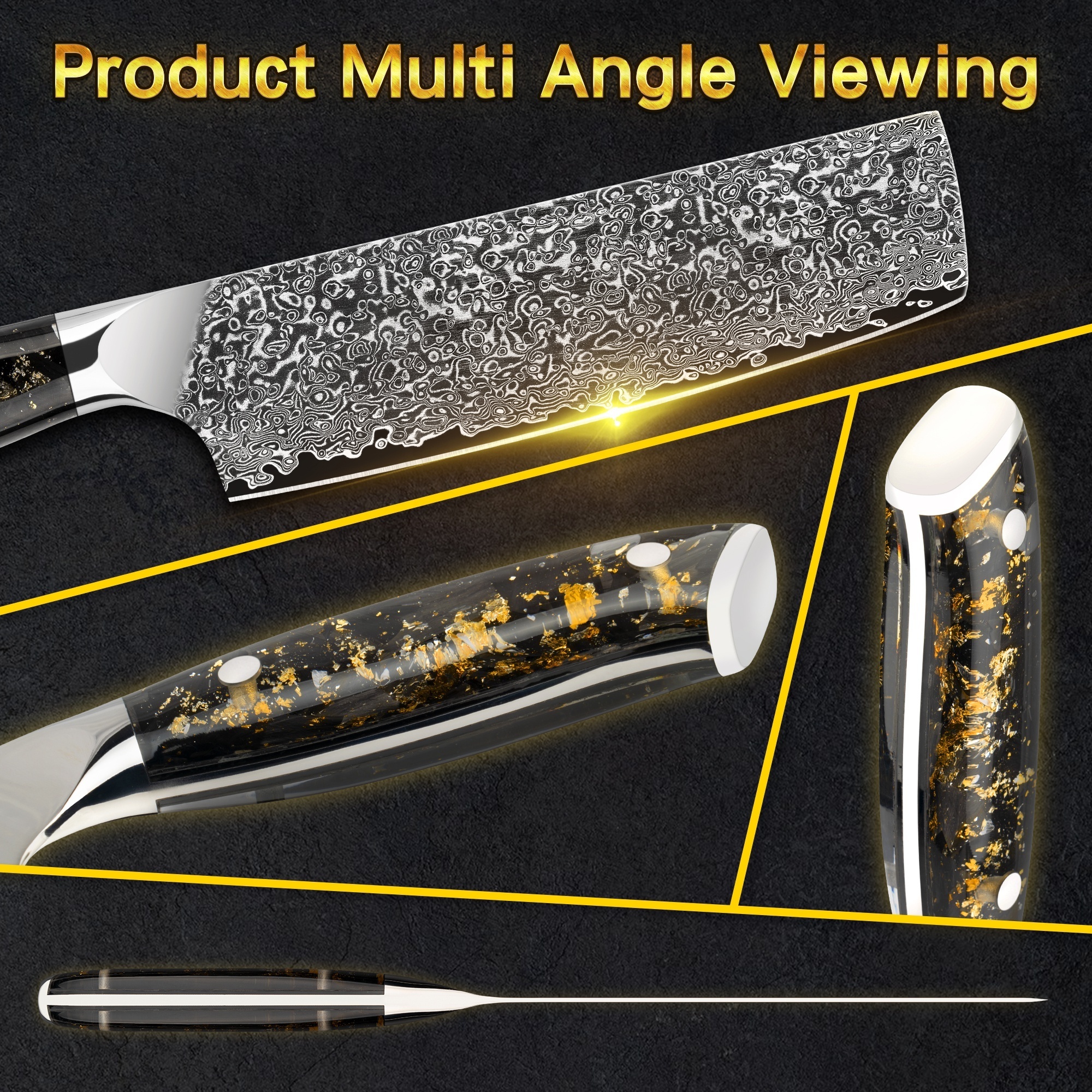 10% off Carbon Fiber Gold Powder Acrylic Handle 7 Inch 67 layers v gold 10 Damascus nakiri knife with free logo