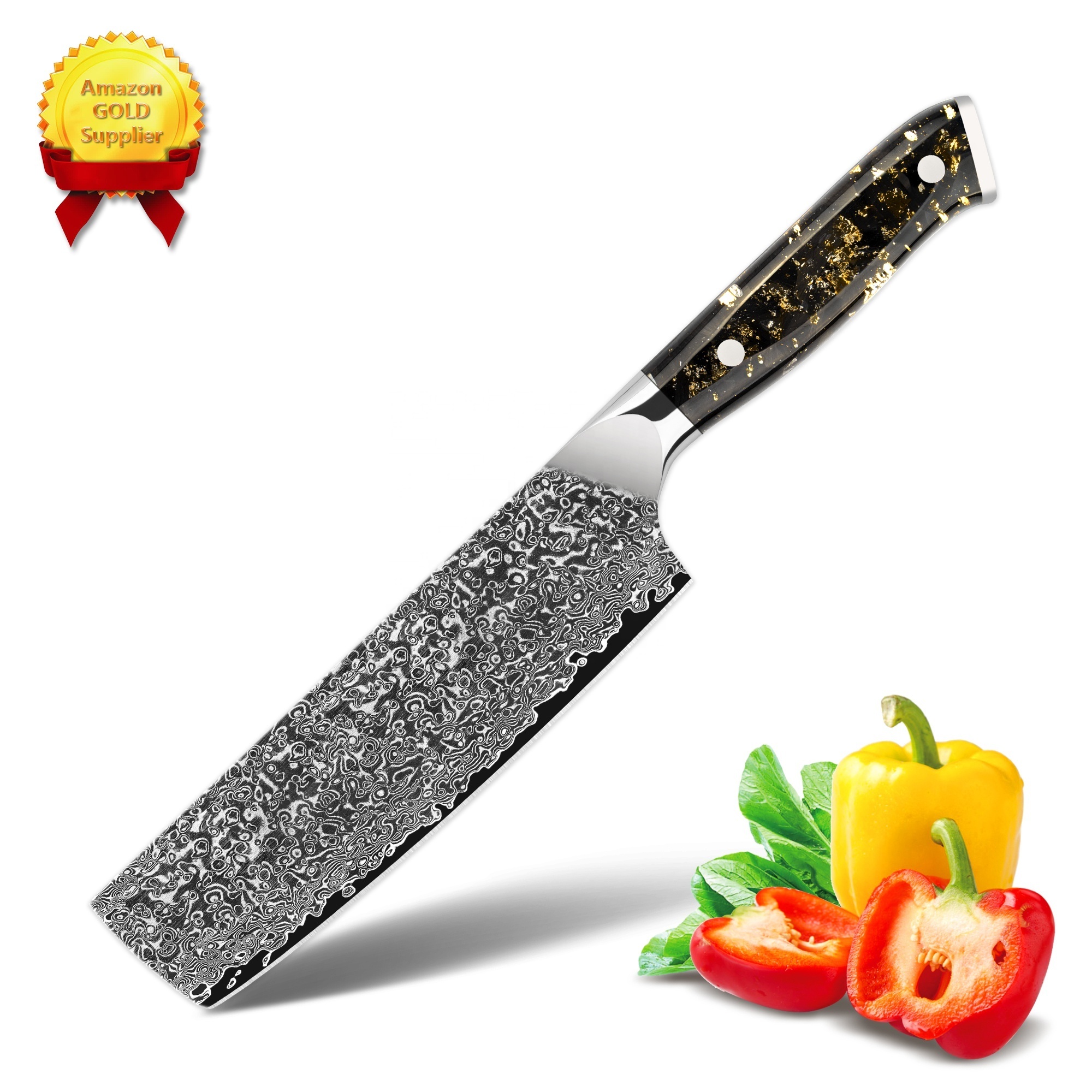 10% off Carbon Fiber Gold Powder Acrylic Handle 7 Inch 67 layers v gold 10 Damascus nakiri knife with free logo