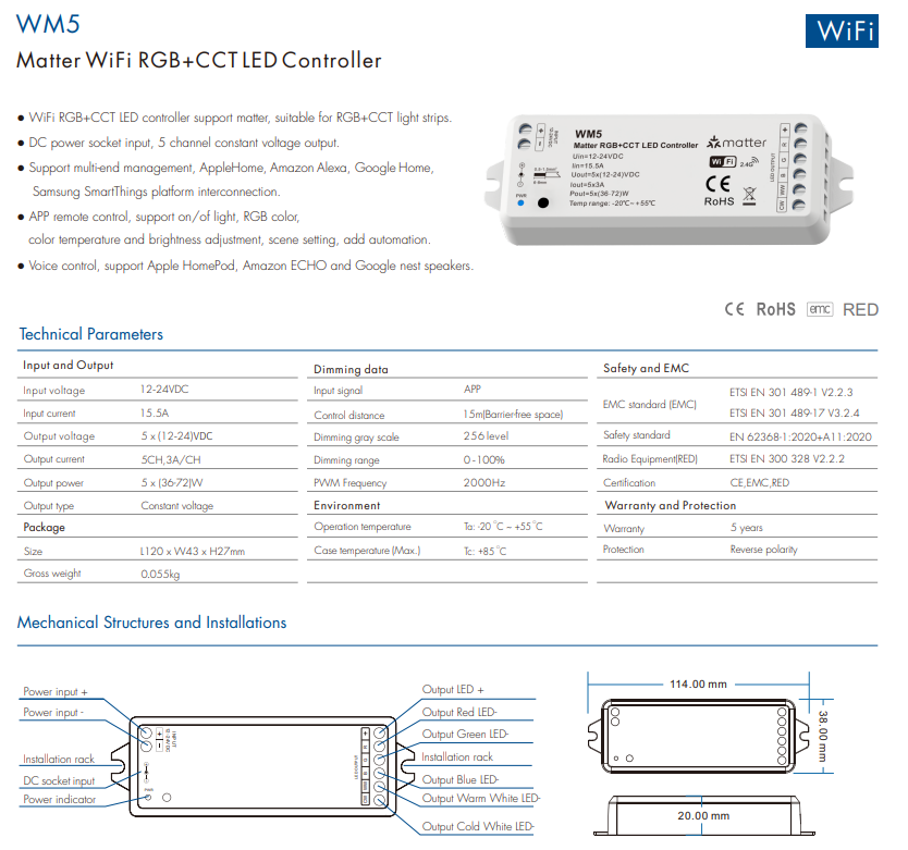 Skydance WM5 5 channel 12-24VDC smart home led light dimmer wifi matter led controller