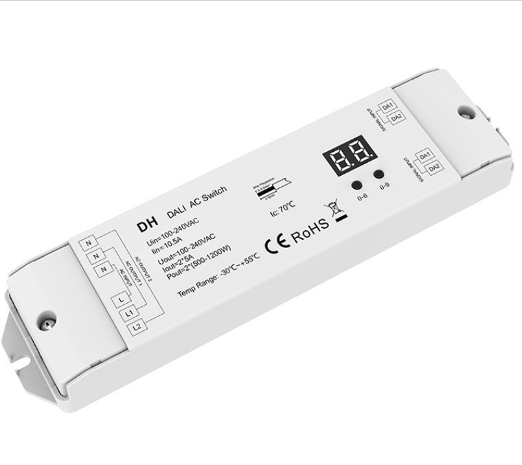 SKYDANCE AC100-240V DT7 DALI2 AC Switch 2 Channel DALI Dimmer Switch Numeric display 2 DALI address  light switch 500W-1200W