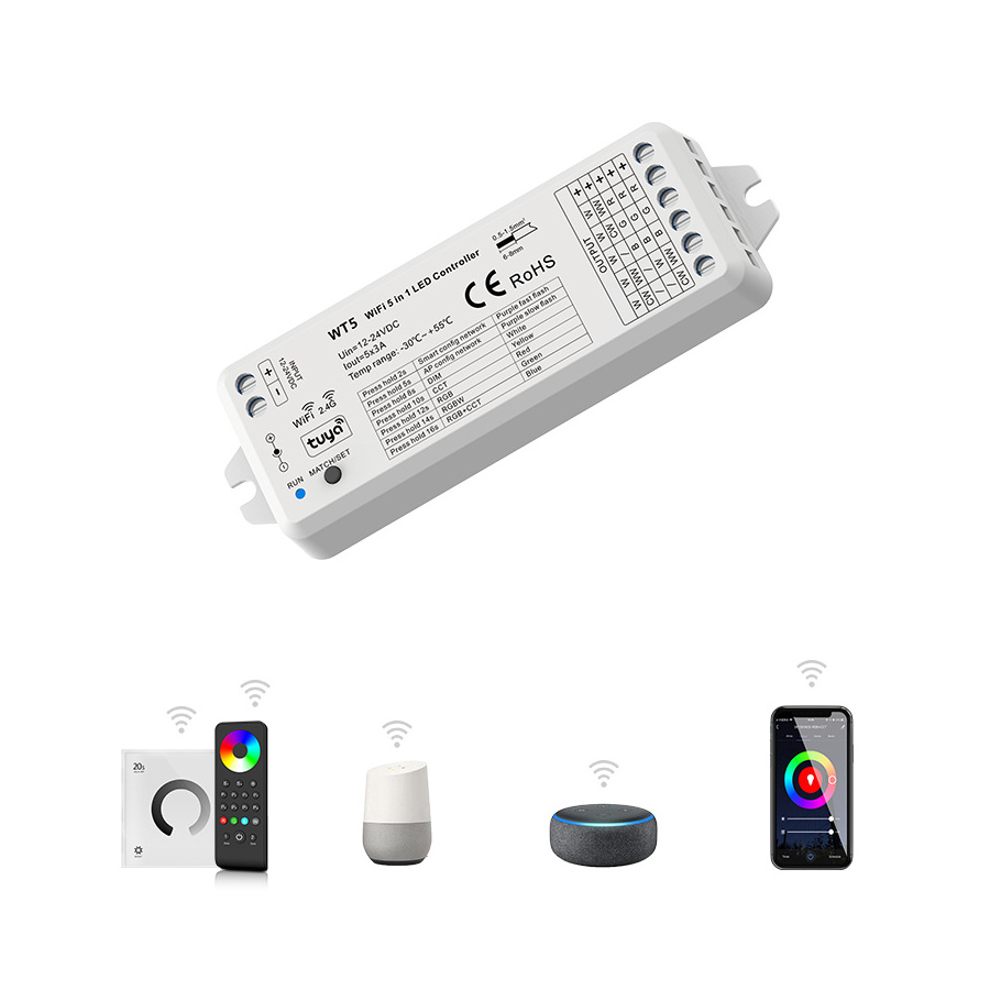 WT5 12V 24V 5 in 1 Tuya Smart WiFi LED Controller Support Alexa Music Timer Scene APP/remote/voice control Dimmer for LED strip