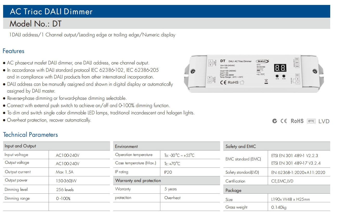 Skydance DT Dali TRIAC AC driver DALI address  numeric display DALI Dimmer 220V 230V